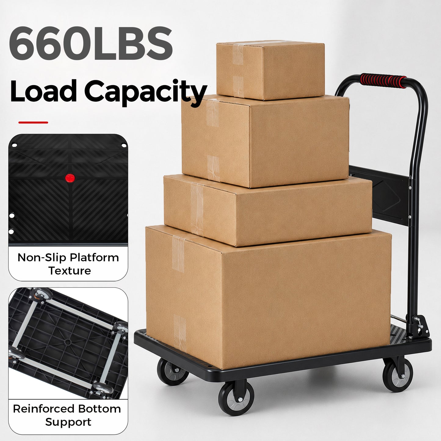 35-3/4" Long x 24" Wide Platform Truck, Foldable Handcart with 5'' TPR 360-Degree Silent Wheels, 660lbs Heavy-Duty Push Dolly Cart, 4 Steel Load-Bearing Beams for Warehouse Garage Home Use image 3