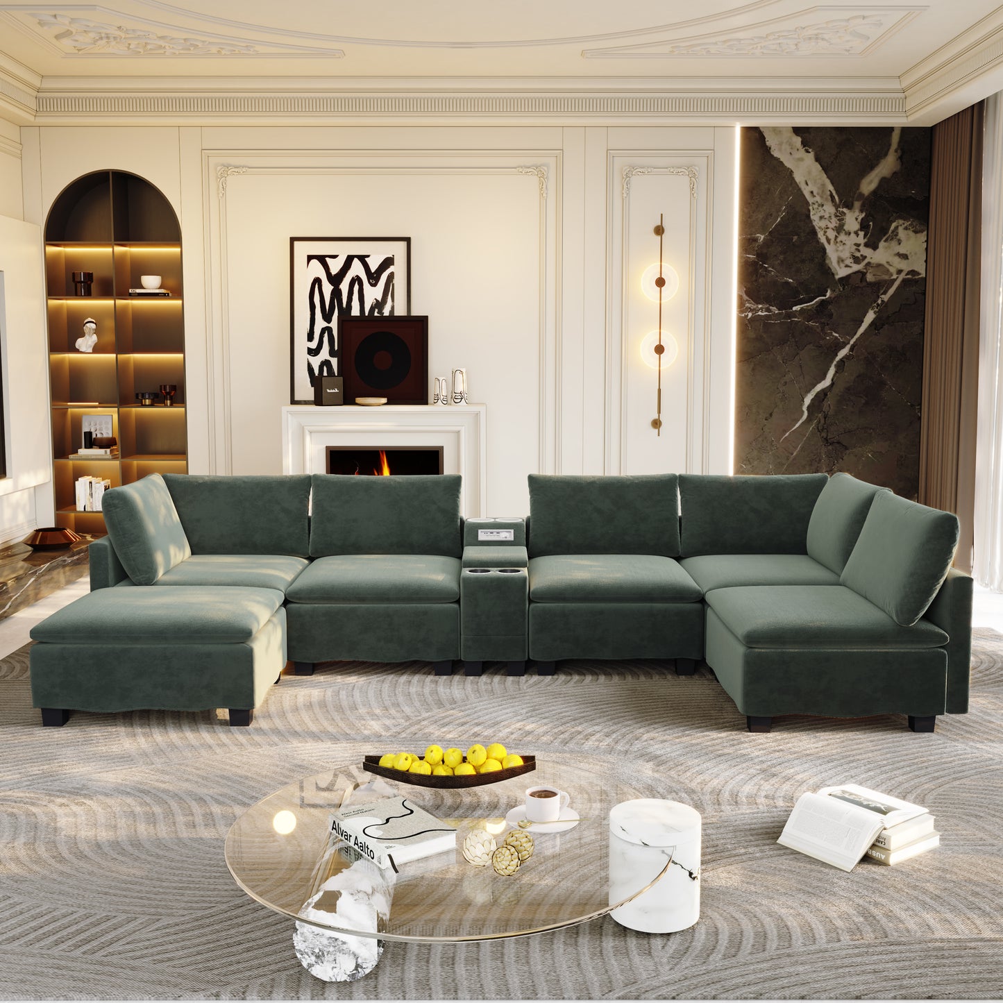 121.2" Modular U-Shaped Cloud Sectional Sofa with Movable Ottoman, Chenille Convertible Sofa Bed with Hidden Storage & USB Ports & Cup Holders & Bluetooth Speaker for Living Room, Apartments, Green image 3