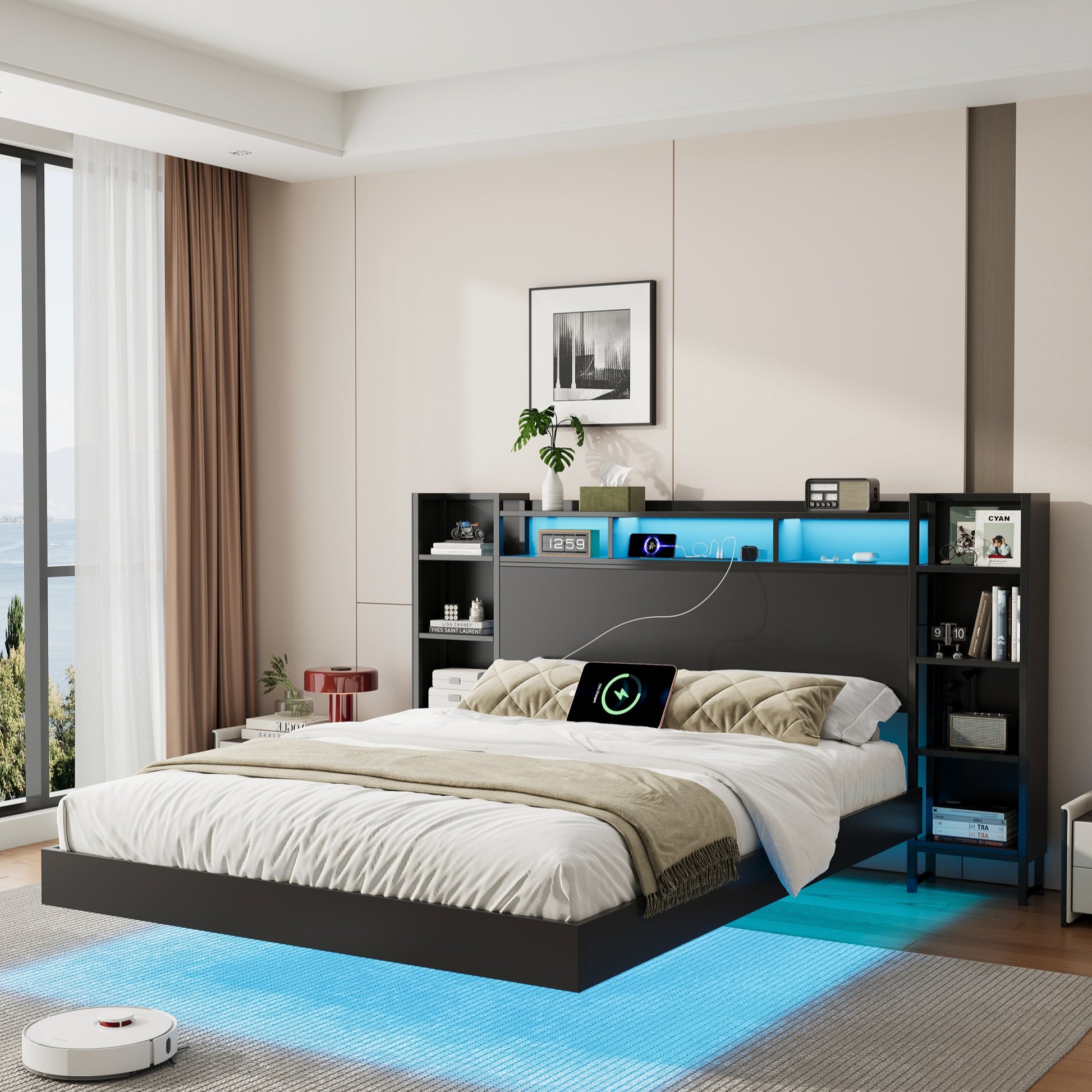 Queen Size Floating Bed Frame with USB Charging Station, Storage Headboard and with Led Light, Heavy Duty Metal Platform Bed Frame, No Box Spring Needed, Black image 1