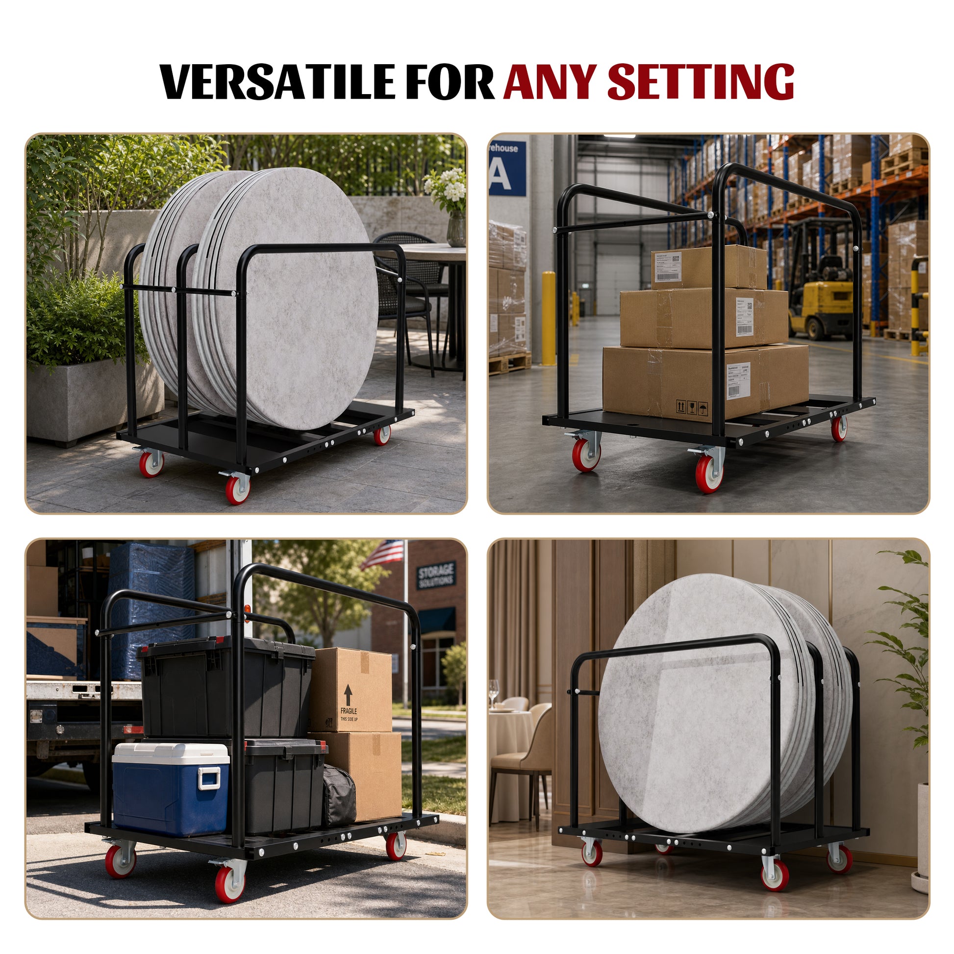 2000LBS Heavy Duty 2-in-1 Table Dolly, Adjustable Furniture Mover Cart with Multi-Slot & Flatbed Modes, 360° Swivel PU Wheels, Dual Brakes – For Drywall, Plywood, Equipment image 5