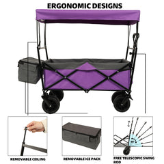 480Lbs Collapsible Wagon with Canopy,Wagon Stroller with 7" All-Terrain Wheels, Lightweight Foldable Wagon, Large Capacity for Camping, Shopping, Sports, and Garden Use,purple with mosquito net