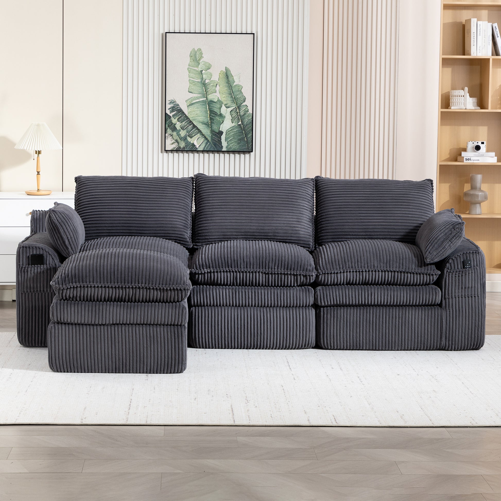L Shaped Compressed Modular Sectional Sofa Modern Corduroy Upholstered Boneless Couches with Movable Footstool,With Three Pillows and Two Lumbar Pillows,Detachable Cloud Seat Cushions image 8