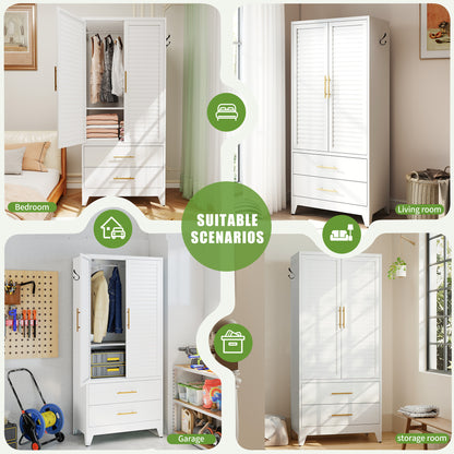 White Metal Wardrobe Closet with 2 Doors and Drawers, 71″ Tall Storage Cabinet for Bedroom, Lightweight Portable Closet for Small Apartments, Dorm, Renters, Cold Rolled Steel, Easy Assembly image 5