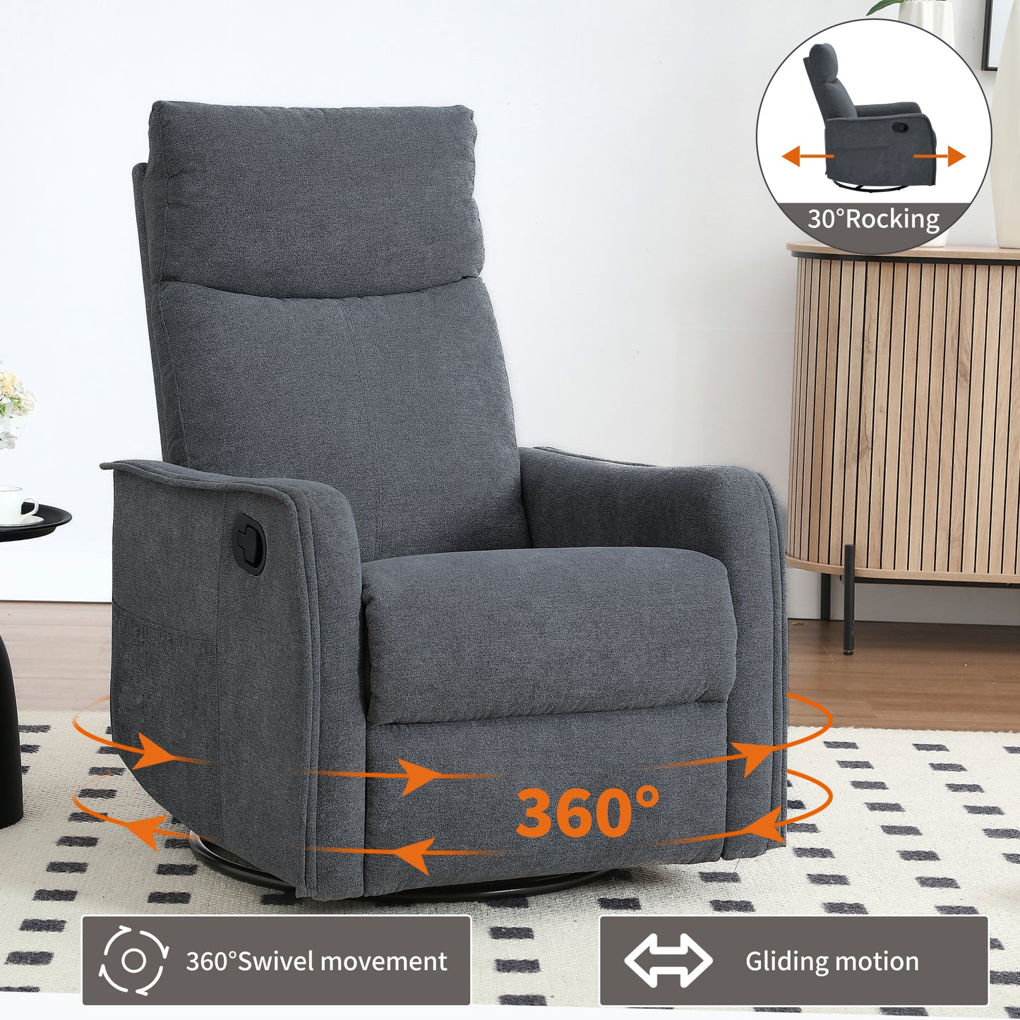 Heat Massage Manual Recliner Chair with Rocker and Swivel in Fabric for Living Room, Grey image 4