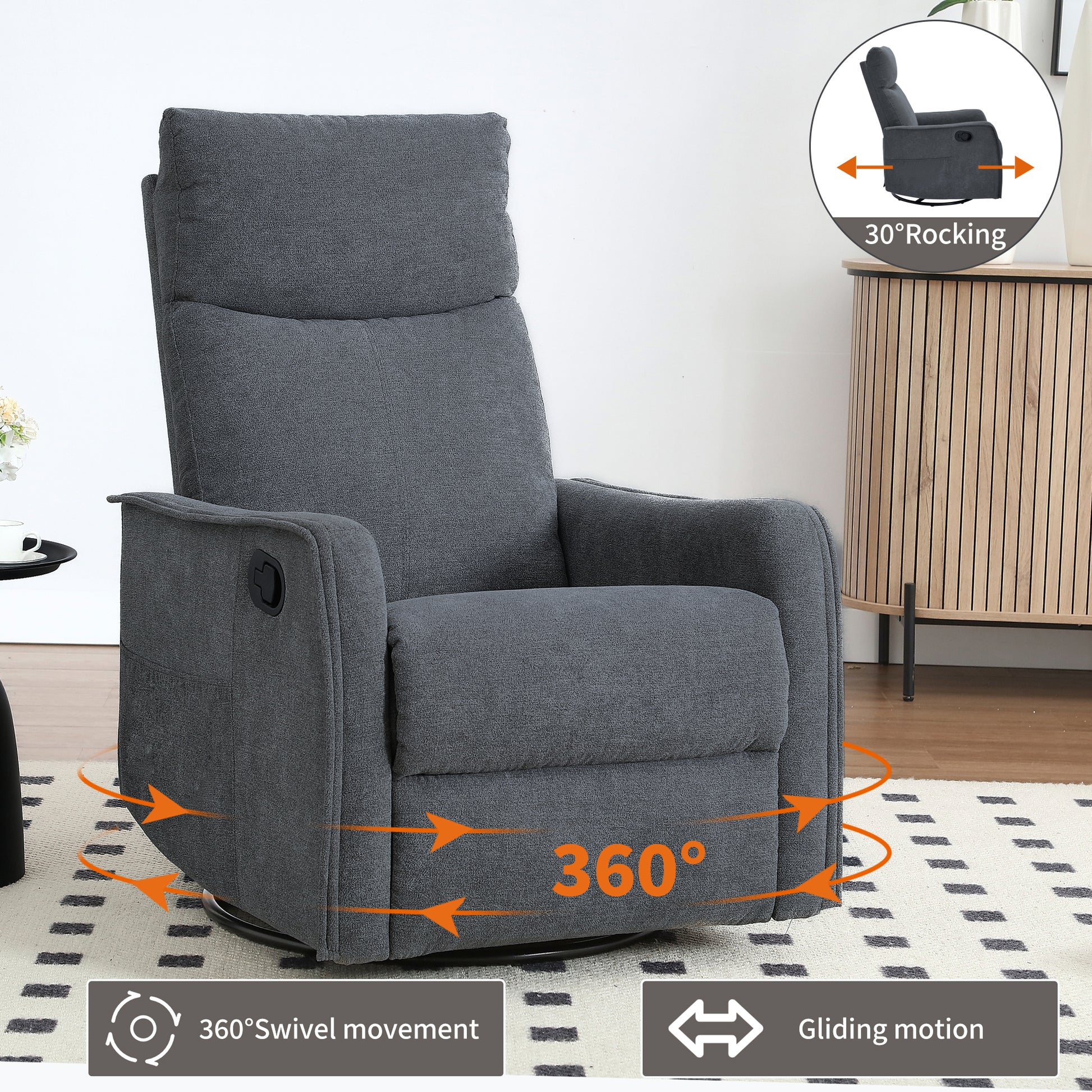Heat Massage Manual Recliner Chair with Rocker and Swivel in Fabric for Living Room, Grey image 4