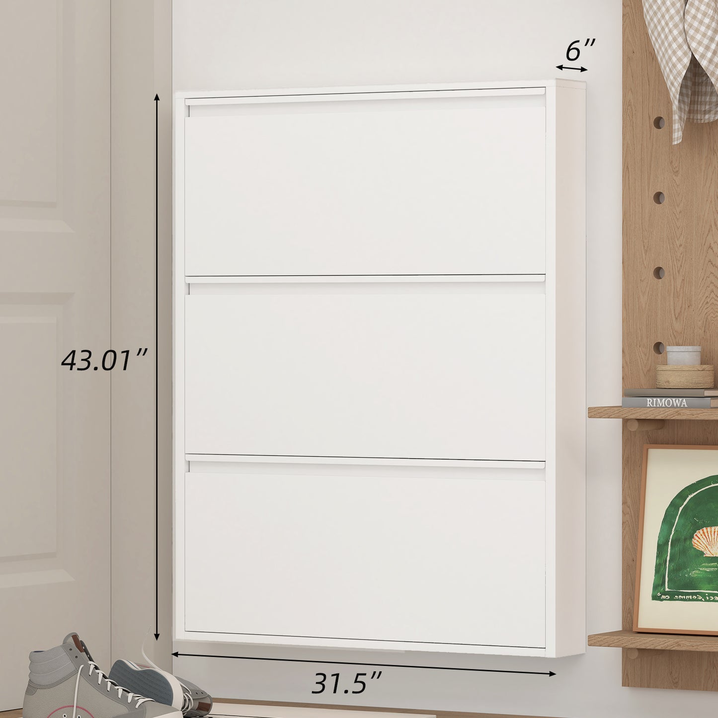 Metal Shoe Cabinet with 3 Flip Drawers, Wall Mounted Shoe Organizer, Narrow Slim Hidden Shoe Rack for Entryway,White image 5