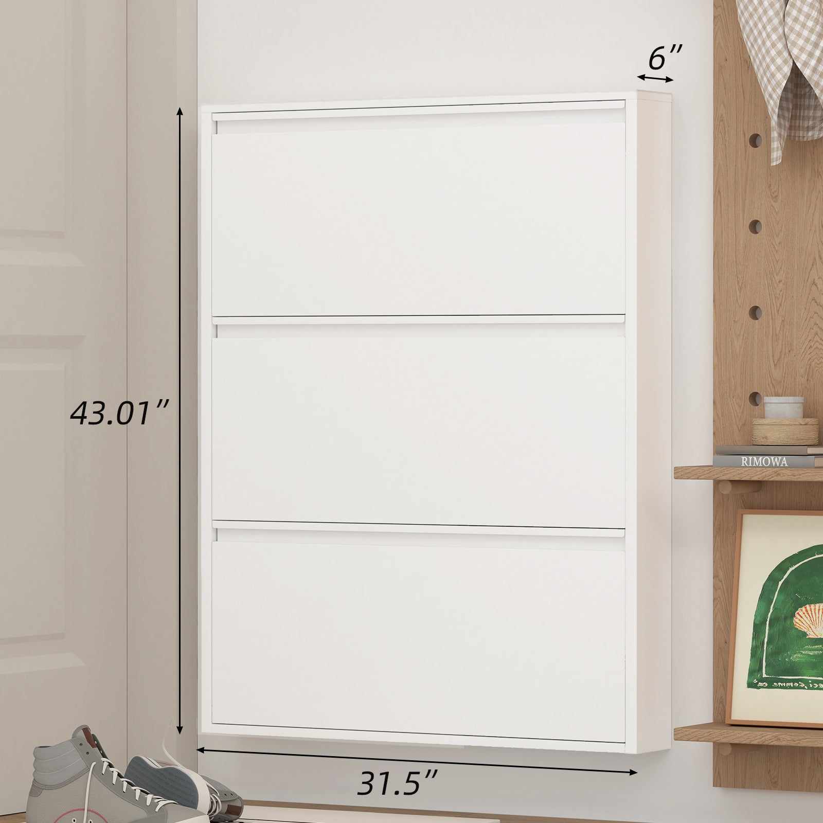 Metal Shoe Cabinet with 3 Flip Drawers, Wall Mounted Shoe Organizer, Narrow Slim Hidden Shoe Rack for Entryway,White image 5