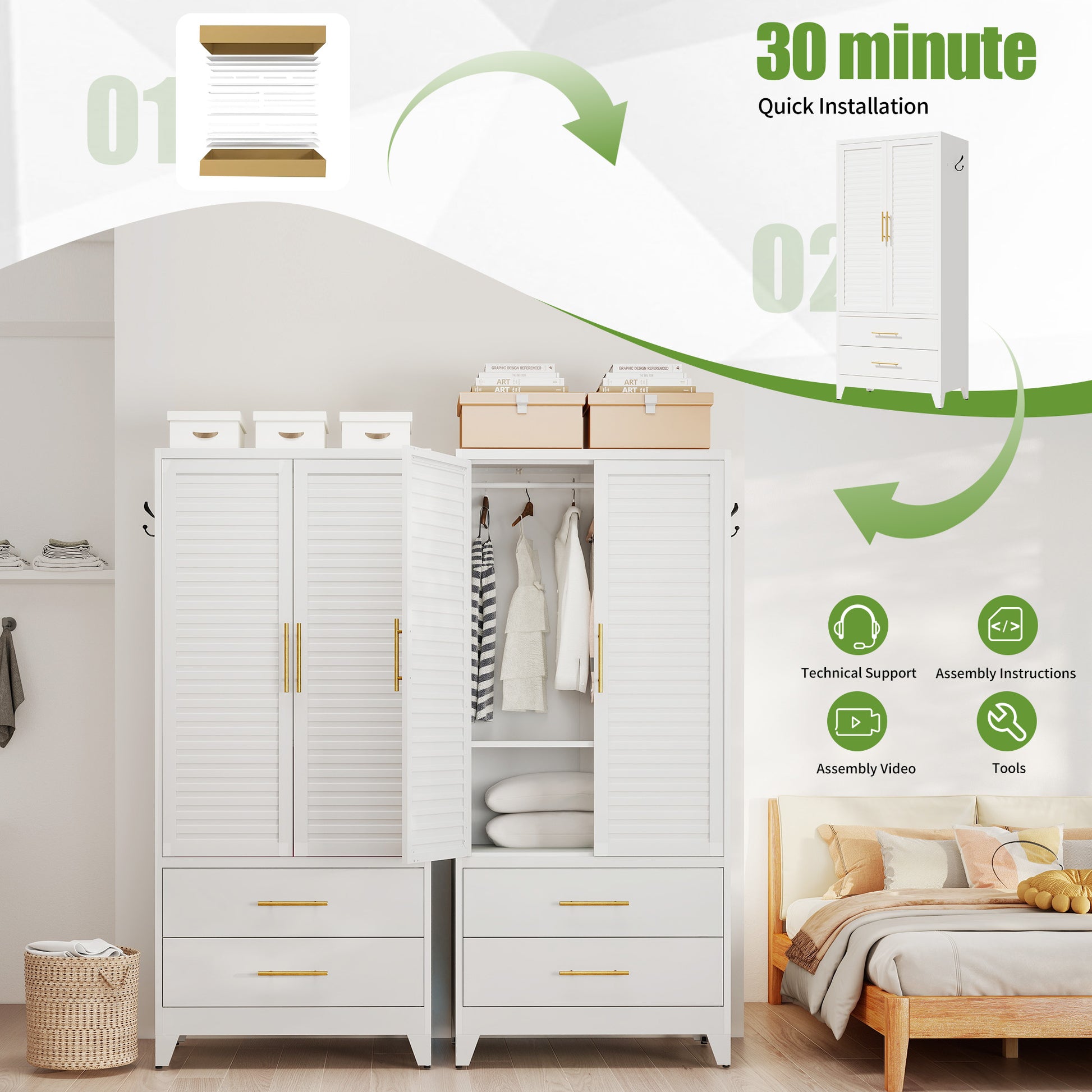 White Metal Wardrobe Closet with 2 Doors and Drawers, 71″ Tall Storage Cabinet for Bedroom, Lightweight Portable Closet for Small Apartments, Dorm, Renters, Cold Rolled Steel, Easy Assembly image 6