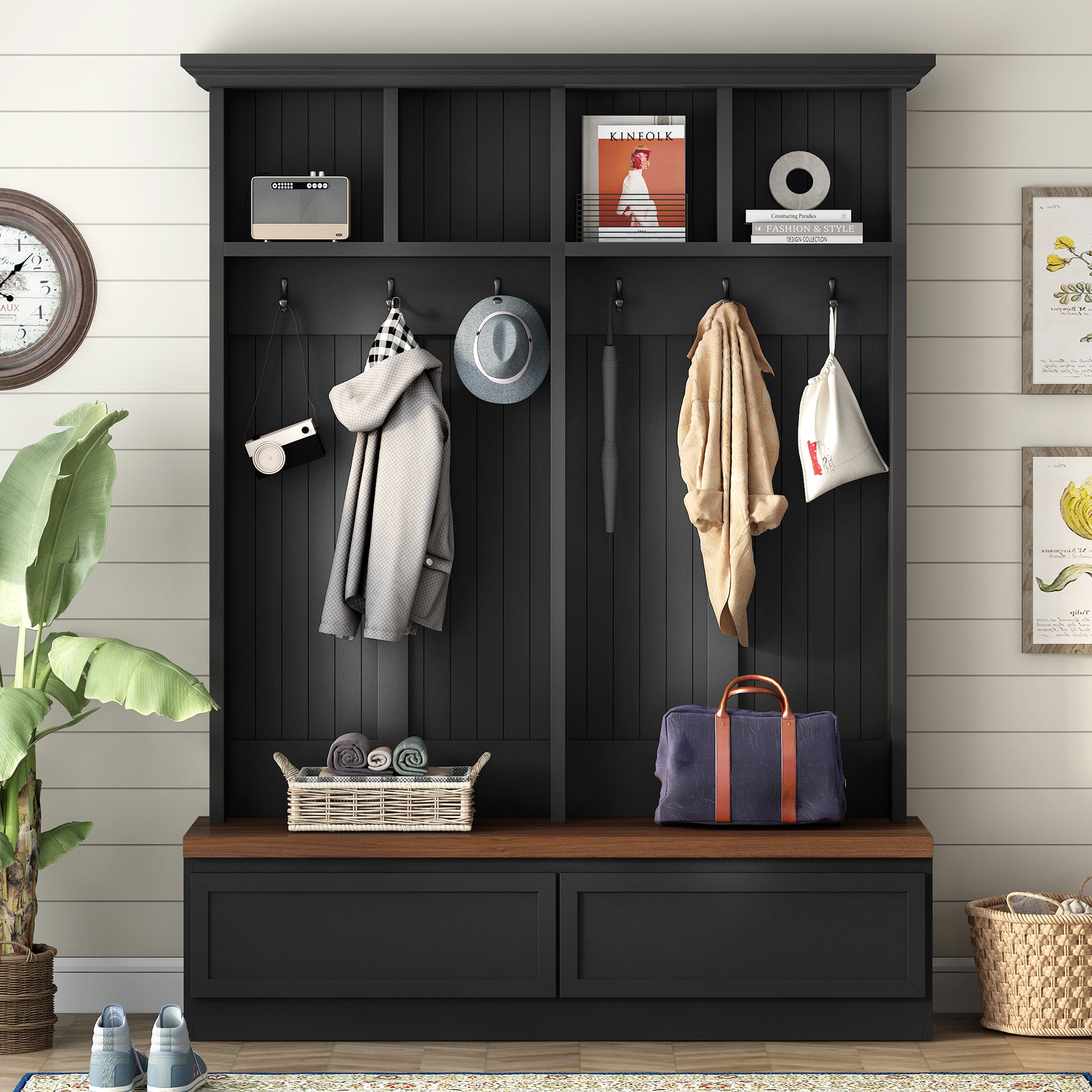Farmhouse 4-in-1 Hall Tree with Wood Grain Bench, Mudroom Versatile Coat Rack with 2 Large Drawer, Entrance Organizer for Hallway, Living Room, Black, 55.9"W (OLD SKU: N721P313099B) image 3