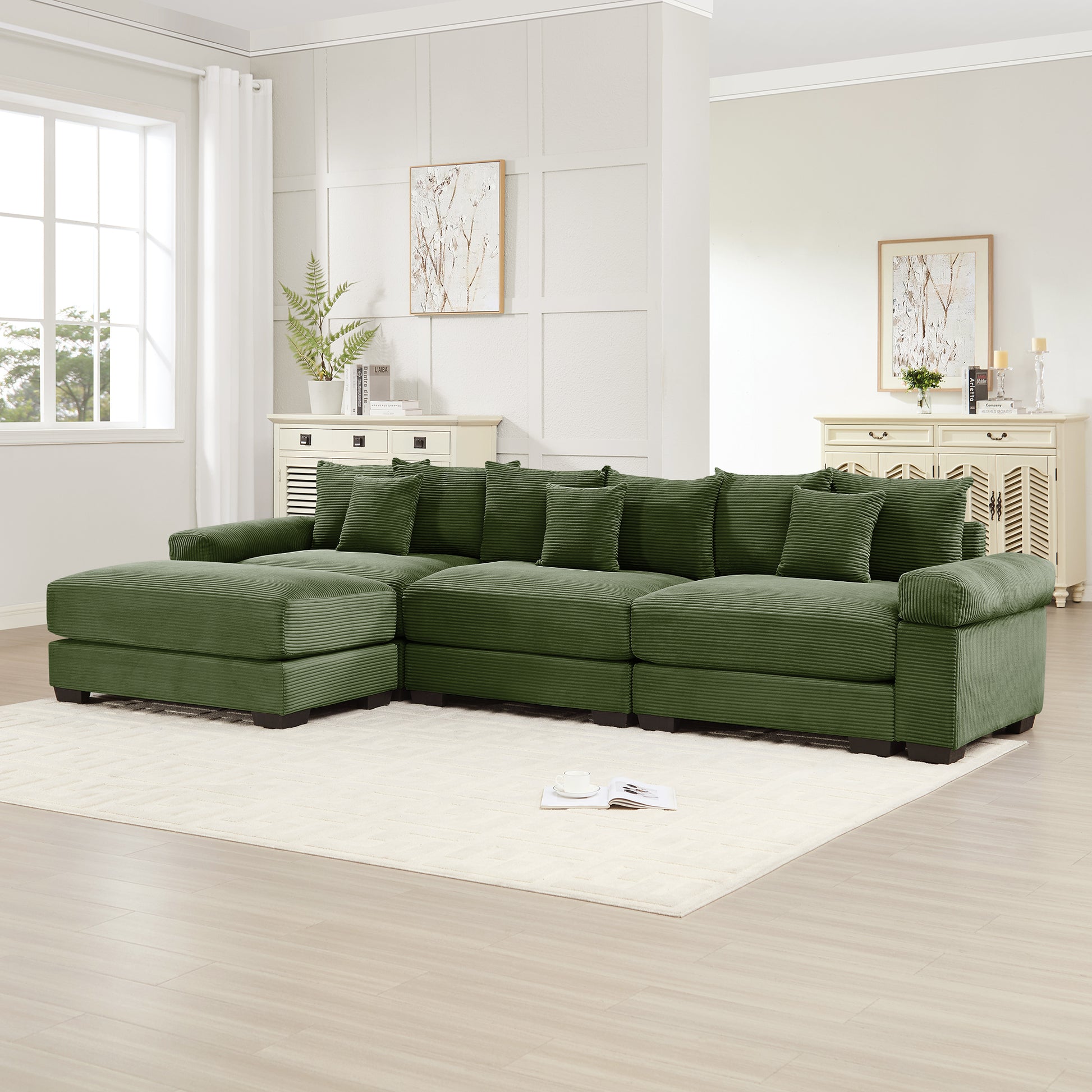 130" Oversized Cloud Modular L-Shape Sectional Couch,Soft Corduroy Fabric,With An Ottoman,Deep Seat Wide Armrest Ergonomic Design 9 Pillows Easy Assembly,For Living Rooms bedroom,Green image 3