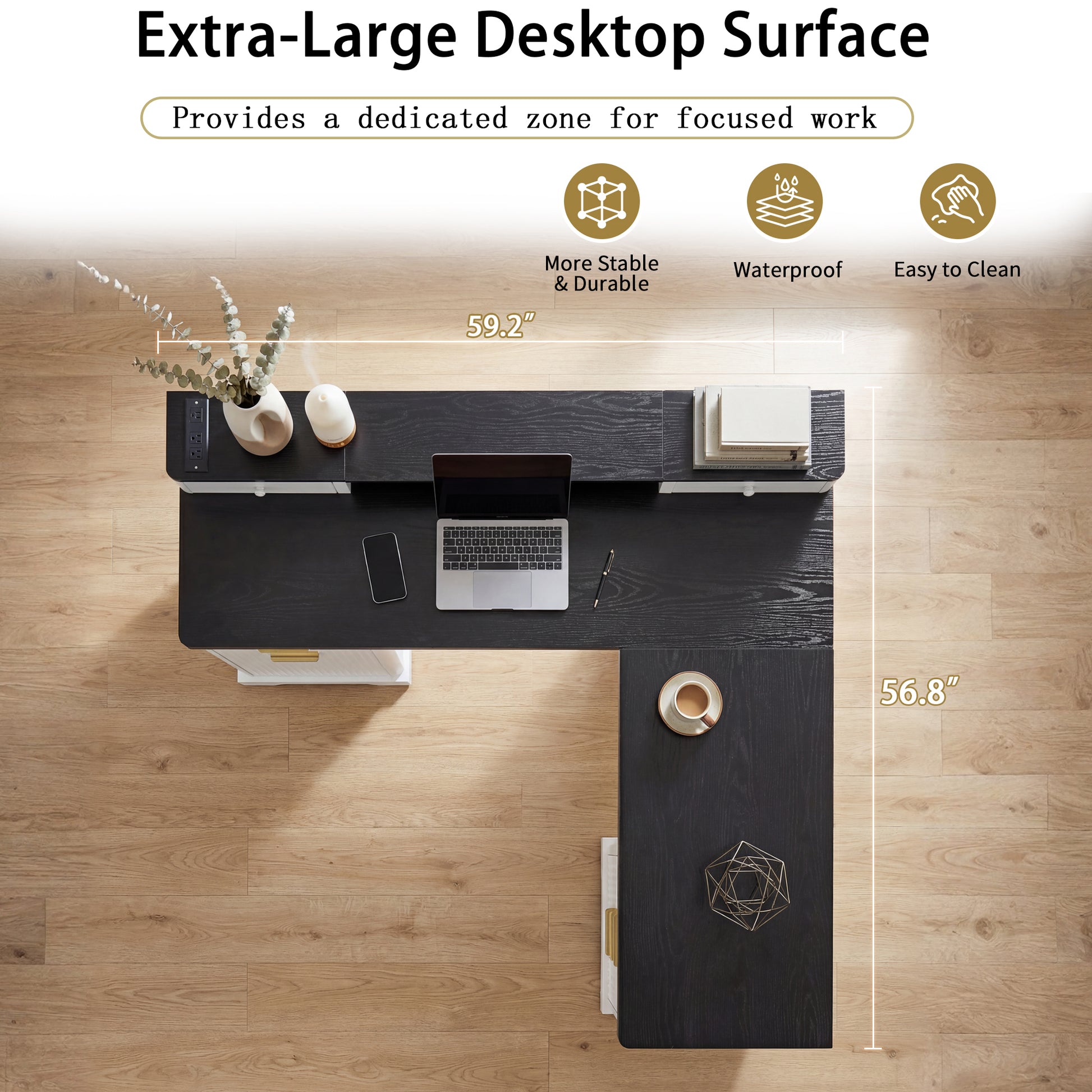 59" Modern Fluted L-Shaped Desk with Charging Station & Storage Cabinet - Home Office Computer Desk with Monitor Stand, File Drawer and Removable Support Shelf for Study, Home Office, White image 11