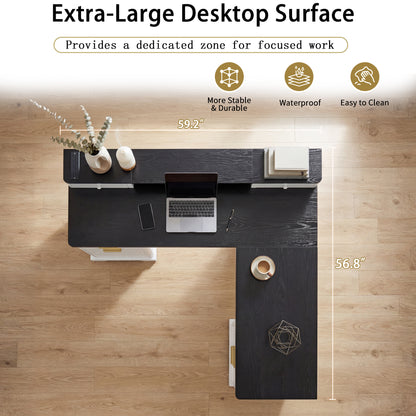 59" Modern Fluted L-Shaped Desk with Charging Station & Storage Cabinet - Home Office Computer Desk with Monitor Stand, File Drawer and Removable Support Shelf for Study, Home Office, White image 11