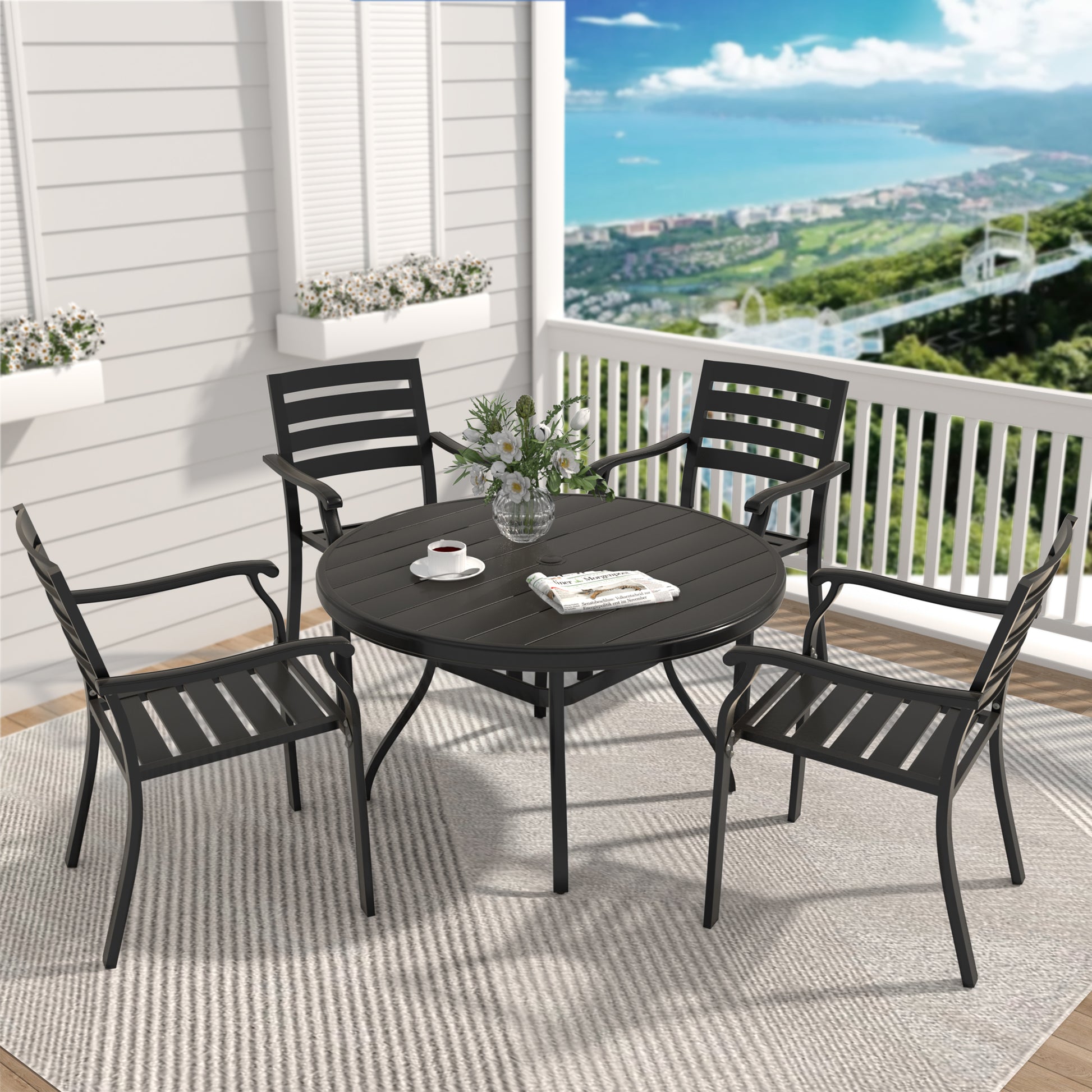 VRSHWO"Outdoor Round Patio Dining Table for 4-6, All Weather Metal Dining Table with Umbrella Hole for Deck Lawn Garden Backyard image 8
