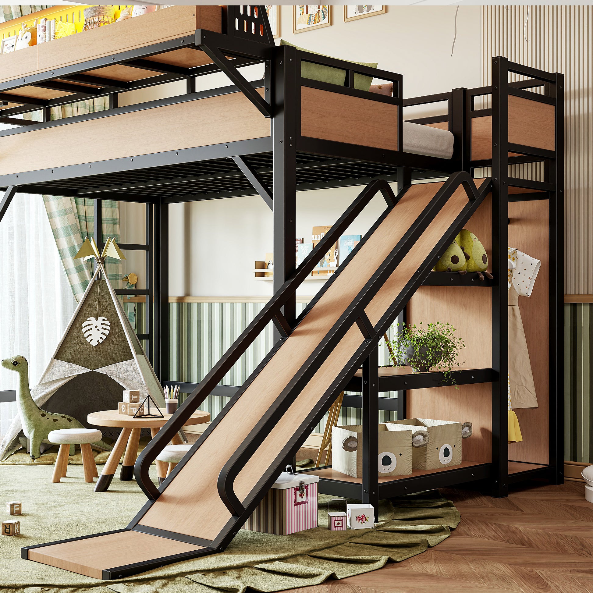 Twin XL Size Loft Bed with Slide, Storage Shelves and Built-in Wardrobe, Metal Loft Bed Frame with USB Ports and LED Lights, with Pegboard, Safety and Solid, Natural image 8