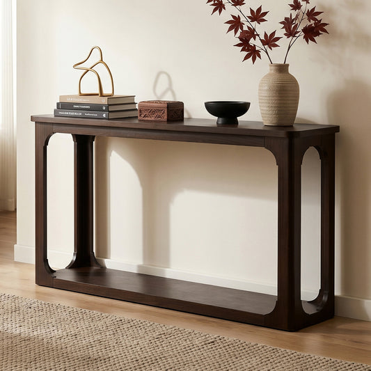 [Video] 55" Espresso Minimalist Console Table with Open Arch Cutouts, Rounded Corners, Solid Wood Legs, Wood Veneer, Sturdy Bottom Shelf, Transitional Entryway Sofa Table for Living Room Hallway image 1