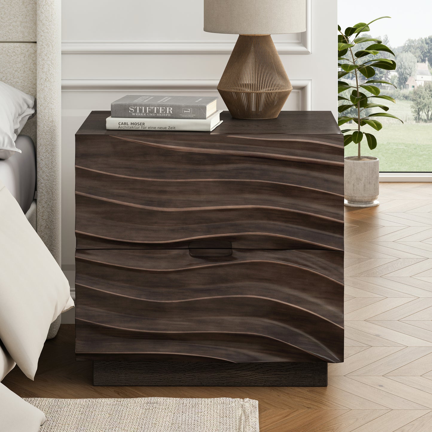 Solid Wood Nightstands, Bedside Table with 2 Drawers, No Handles, Sofa End Table for Living Room, Bedrooms,Brown image 3