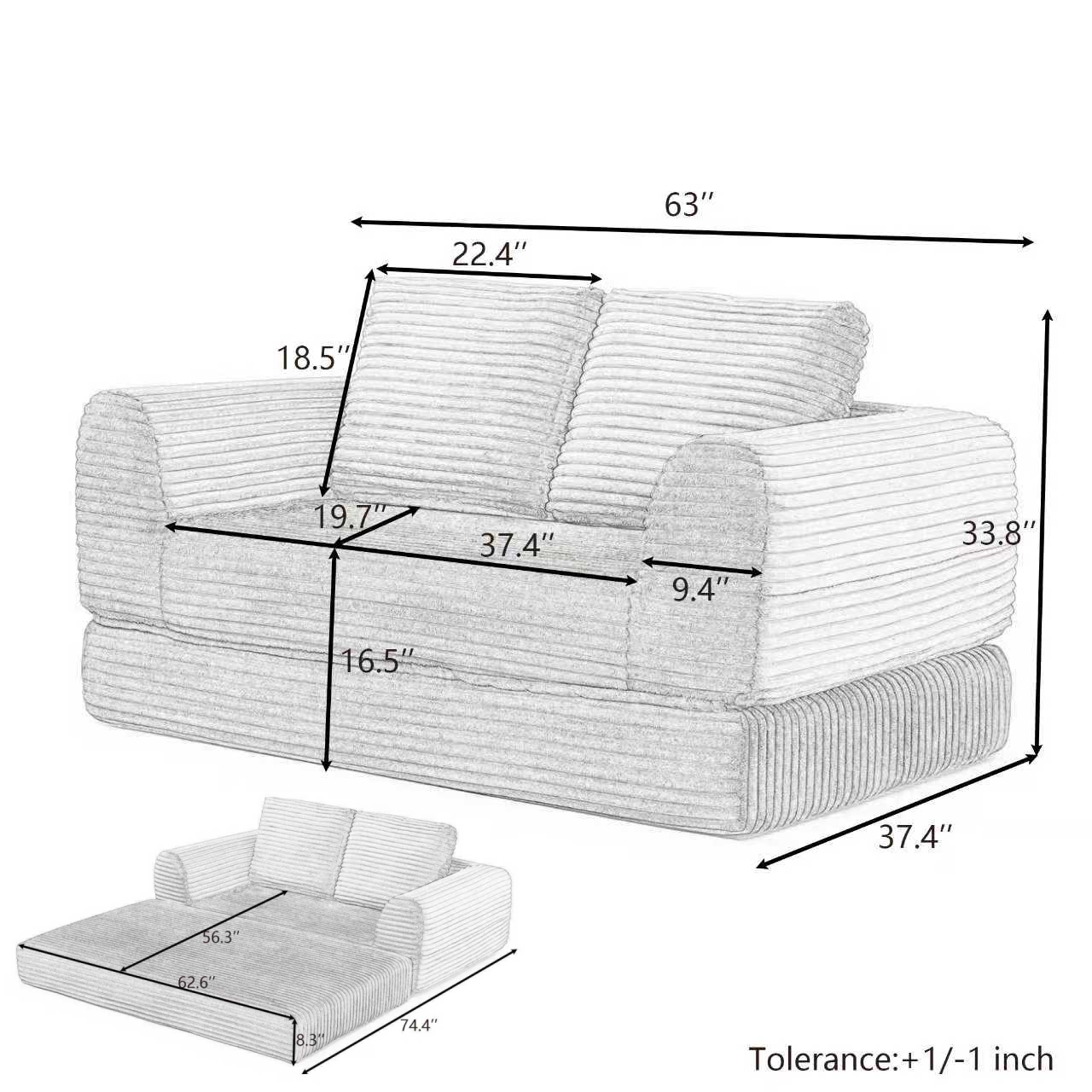 2-in-1 Folding Convertible Sofa Bed, Modern Corduroy Sleeper Couch with 2*pillows, Futon Modular Upholstered Boneless Loveseat with Pull-Out Bed,Folding Floor Modular Couch for Living Room Blue image 11