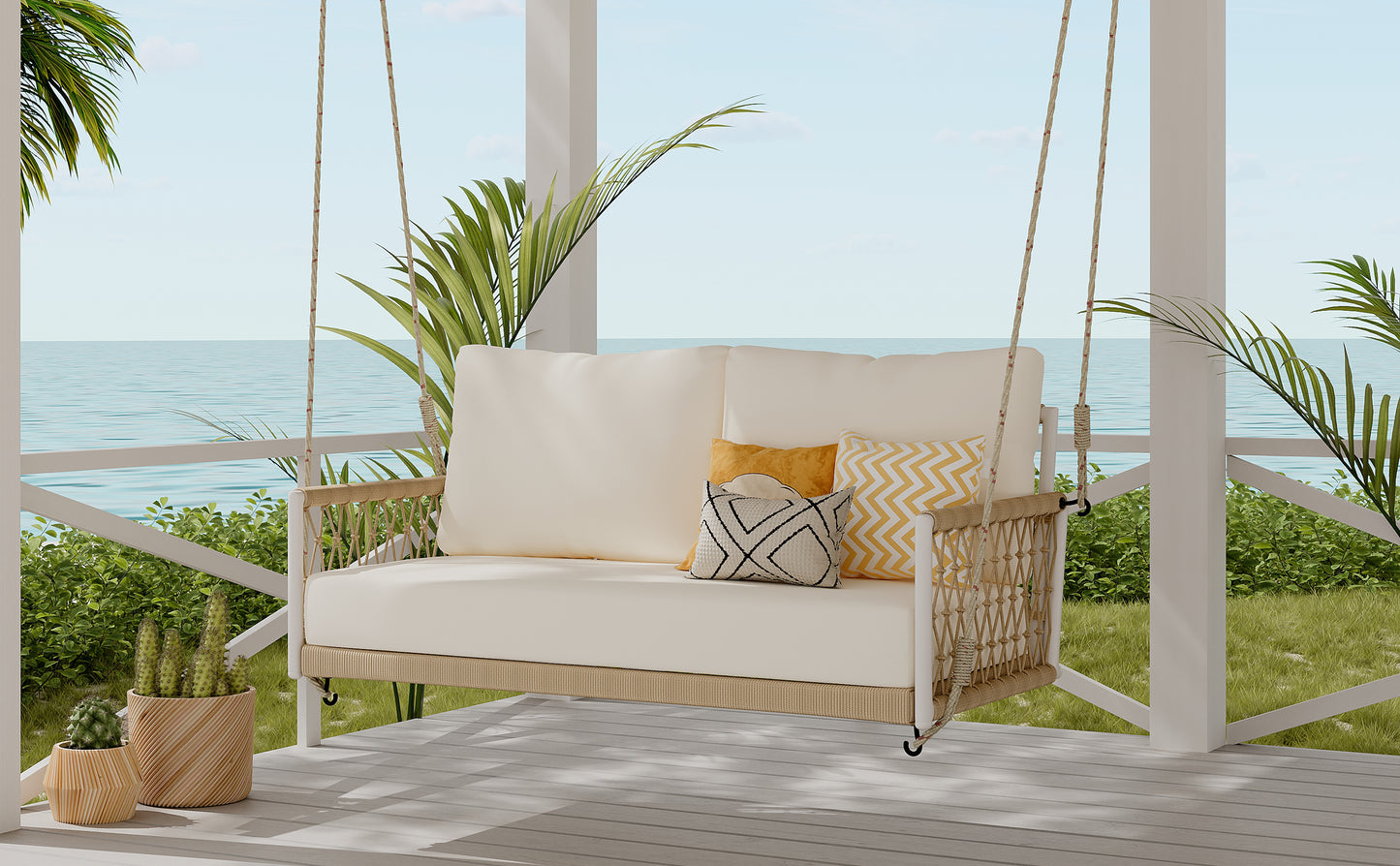 TREXM 1-Piece Woven Rope Outdoor Swing Sofa with Soft Cushions Seating 2 for Patio, Courtyard and Balcony (Beige) image 8