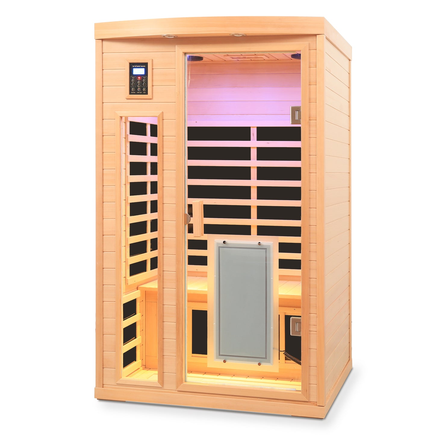 Low EMF, There is also a heating plate on the glass door, Hemlock wood Far-infrared indoor Two person sauna room image 3