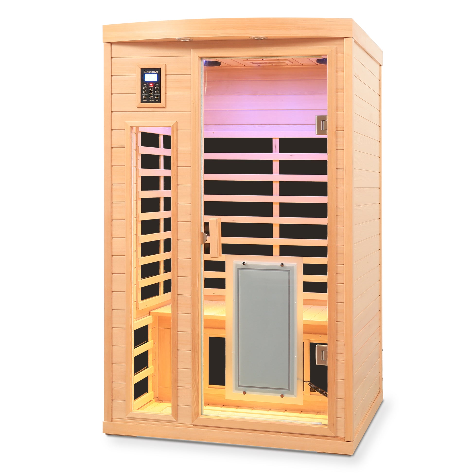 Low EMF, There is also a heating plate on the glass door, Hemlock wood Far-infrared indoor Two person sauna room image 3