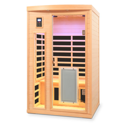 Low EMF, There is also a heating plate on the glass door, Hemlock wood Far-infrared indoor Two person sauna room image 3