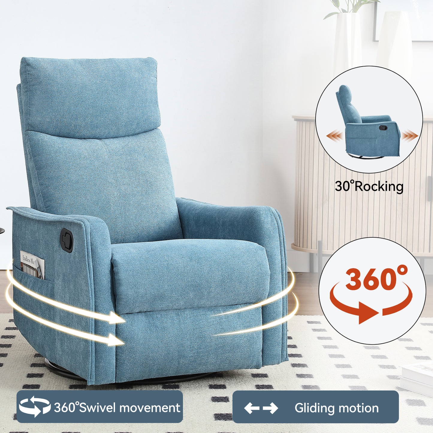 Heat Massage Manual Recliner Chair with Rocker and Swivel in Fabric for Living Room, Blue image 4