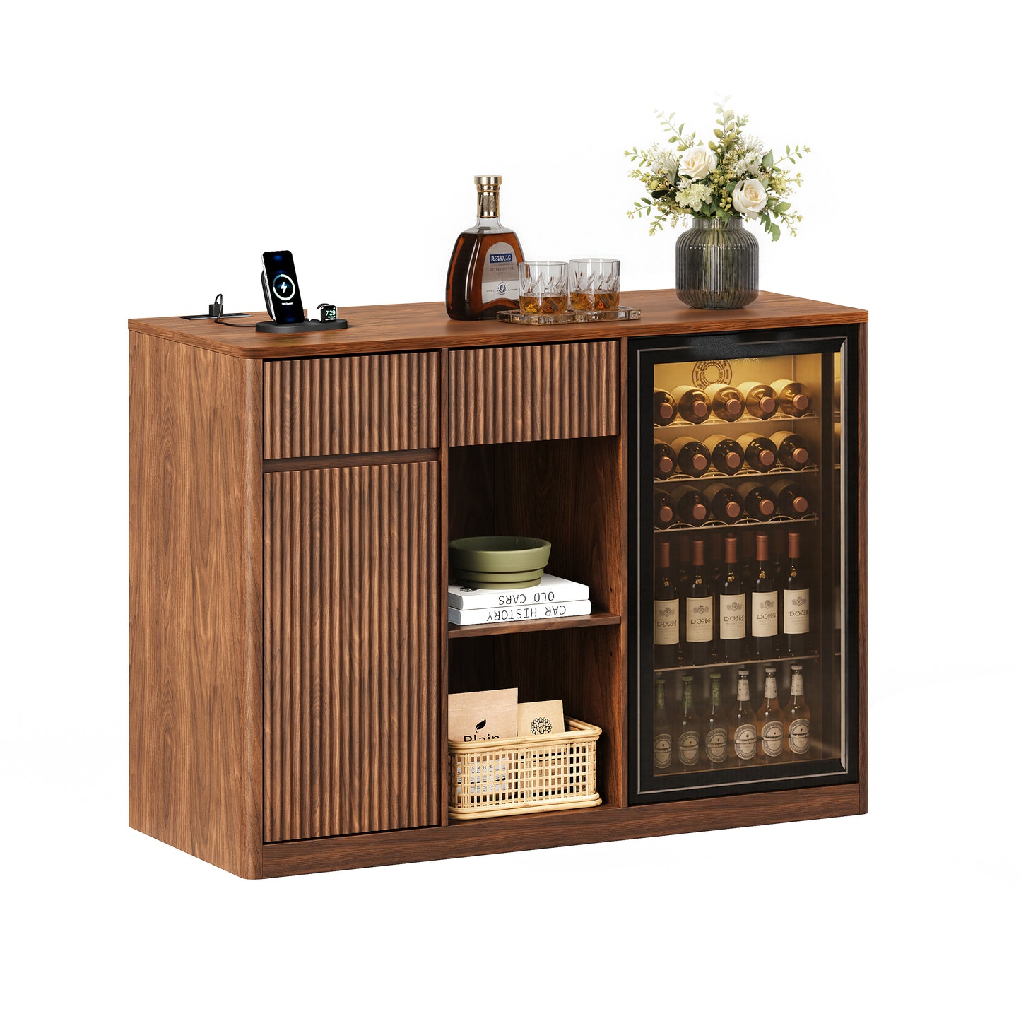 51" Fluted Bar Cabinet with Fridge Space (Fridge Not Included), Modern Coffee Station with Charging Hub & Wine Glass Rack, Walnut Buffet Sideboard for Home Beverage & Liquor Storage. image 12
