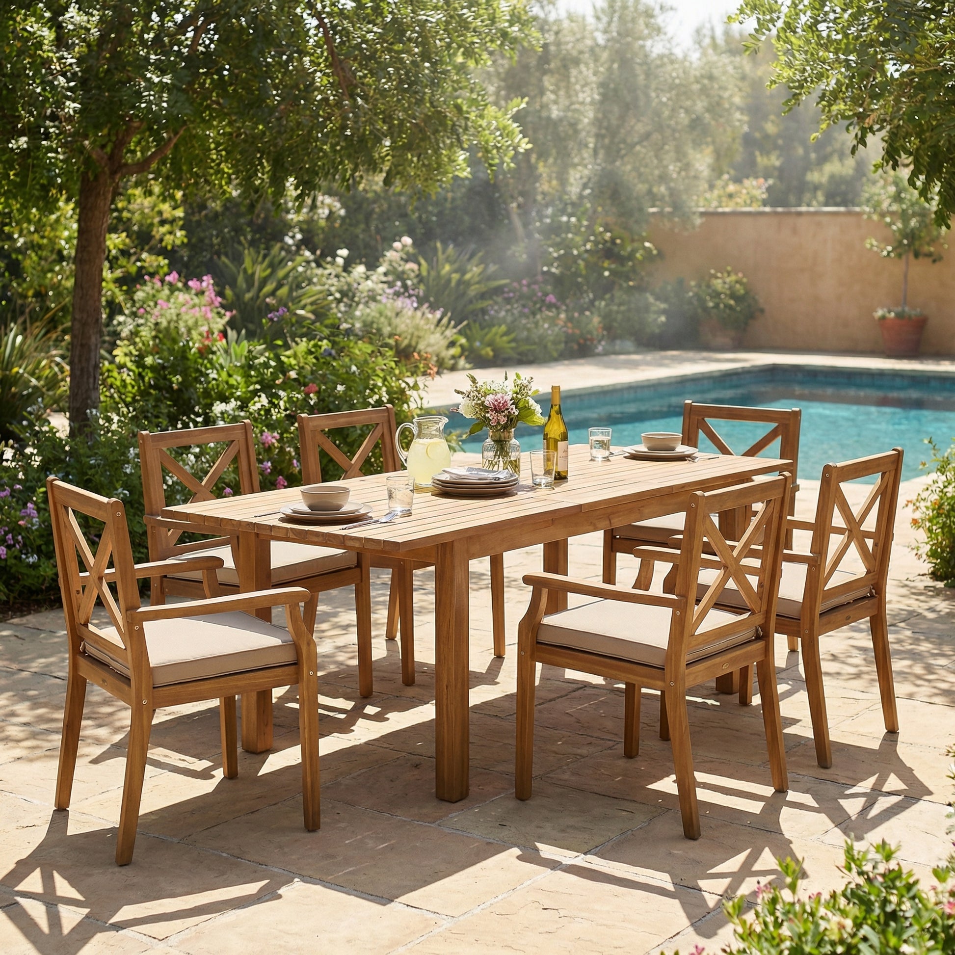 7 Pieces Acacia Wood Outdoor Dining Set with Cream Cushions,Modern 6 Chairs 1 Large Table,Dining Furniture Set for Lawn, Backyard, Garden Deck,Poolside,Teak image 2
