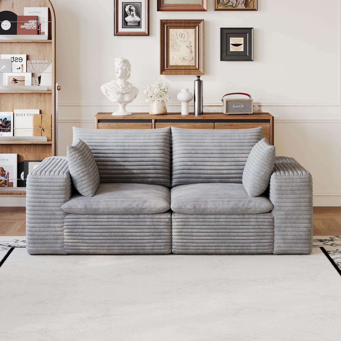 71" Cloud Sofa,Corduroy Fabric,Deep Seat Couches,Double-layer design,Removable Cushion,No Assembly, DIY Combination for Living room, Bedroom,Conference room,Apartment,Grey image 2