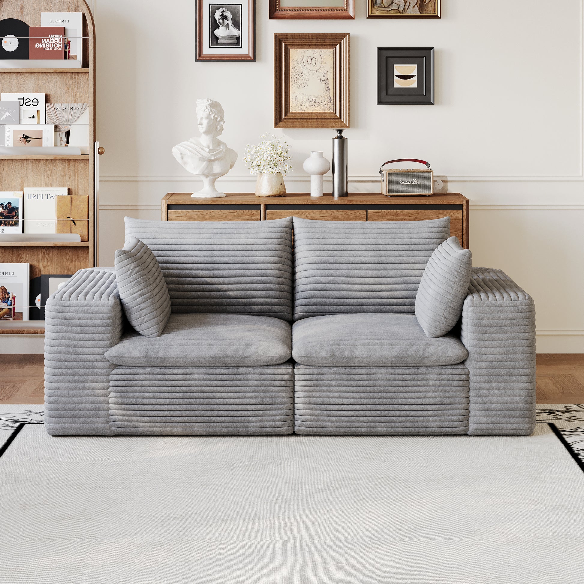 71" Cloud Sofa,Corduroy Fabric,Deep Seat Couches,Double-layer design,Removable Cushion,No Assembly, DIY Combination for Living room, Bedroom,Conference room,Apartment,Grey image 2