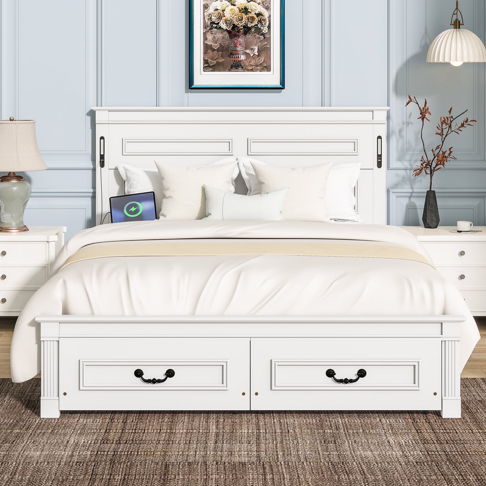 Queen Size Bed with Tall-Panel Headboard & Footboard, 2 Storage Drawers, Built-in LED Lights, USB Charging Station, Pinewood Bed with Strengthened Bed Frame,White image 1