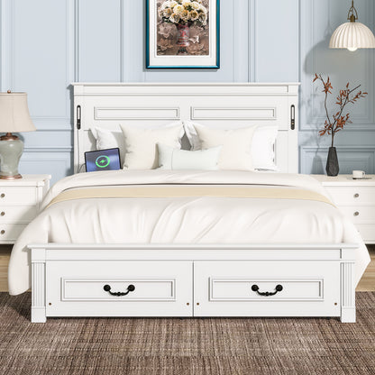 Queen Size Bed with Tall-Panel Headboard & Footboard, 2 Storage Drawers, Built-in LED Lights, USB Charging Station, Pinewood Bed with Strengthened Bed Frame,White image 1