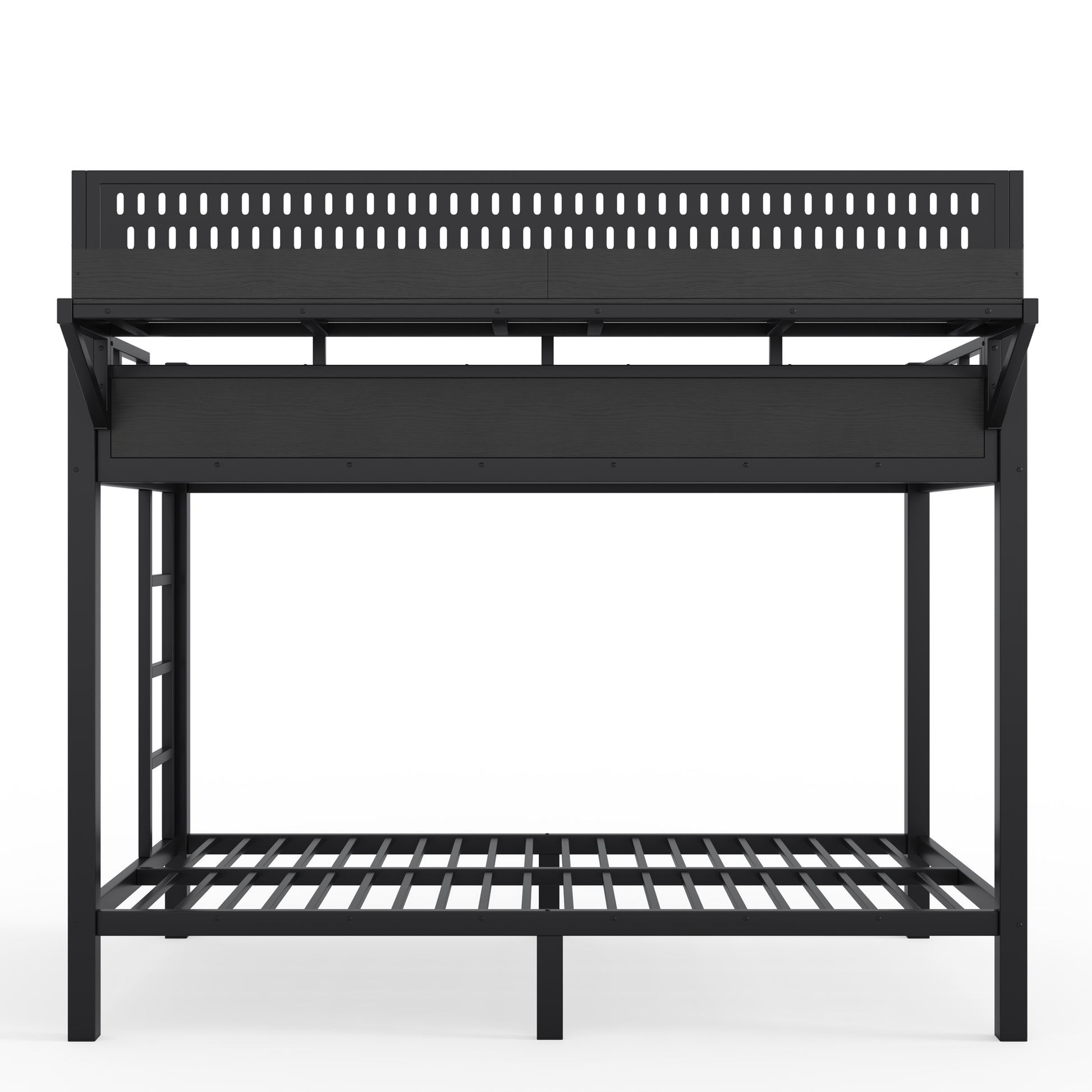 Twin XL over Twin XL Size Metal Bunk Bed with Storage Shelves and Pegboard, Bunk Bed Frame with USB Ports and LED Lights, Space-Saving, for Teens and Adults, Black image 9