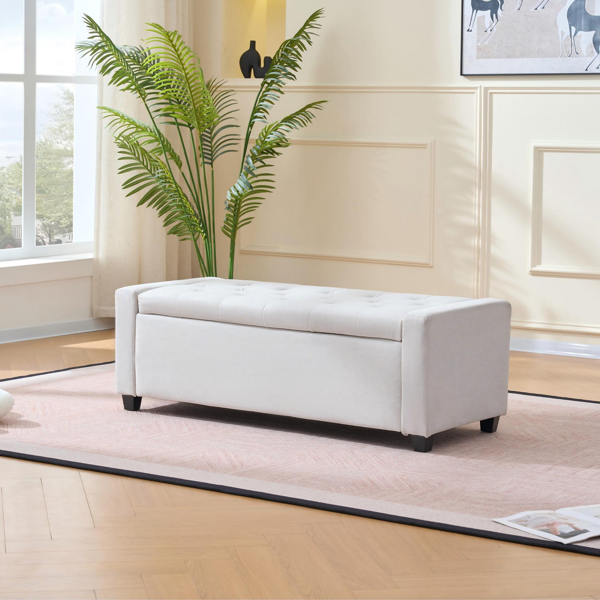 48" Storage Bedroom Bench for End of Bed, Faux Linen Upholstered Storage Ottoman with Arms for Bedroom,Living Room, Entryway, Beige image 4