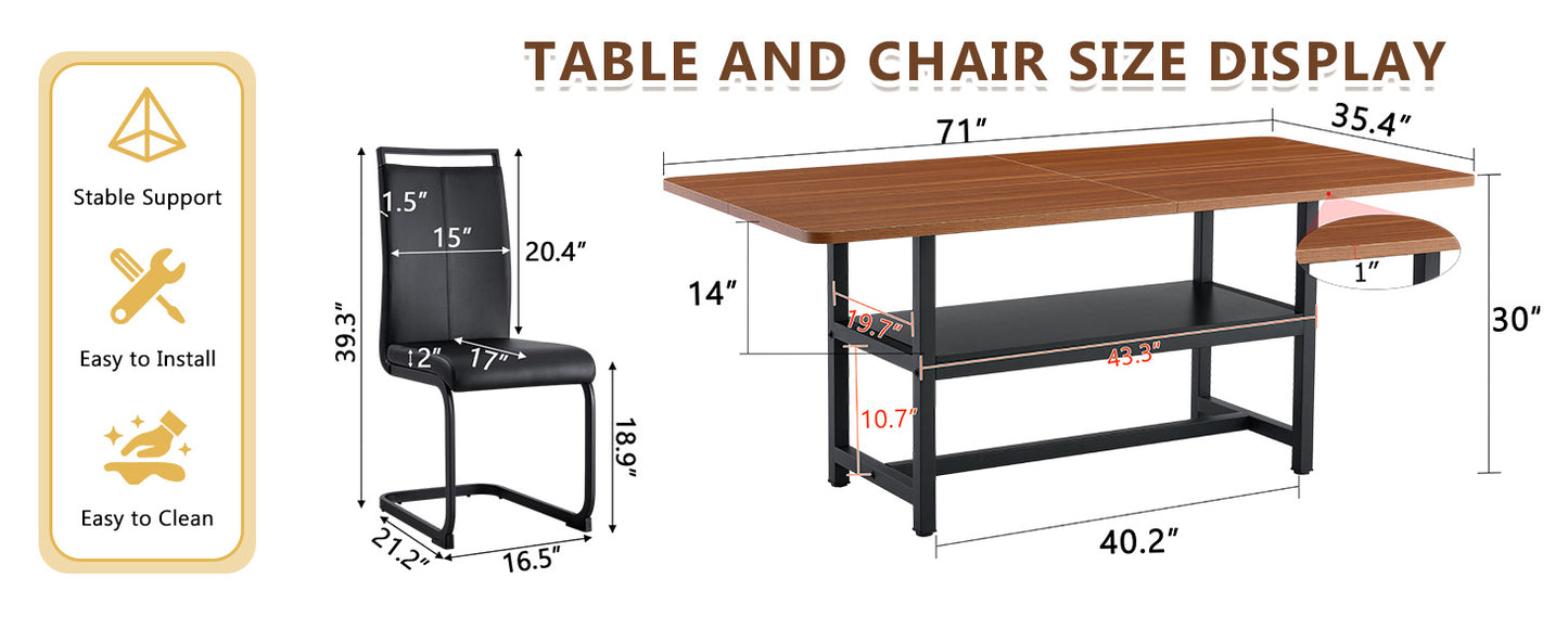 Table and chair set.71 inch long fashionable walnut grain dining table, a practical choice to add color to the home.Paired with 6 Black PU Chairs With C-tube Black Metal Chair Legs. image 10