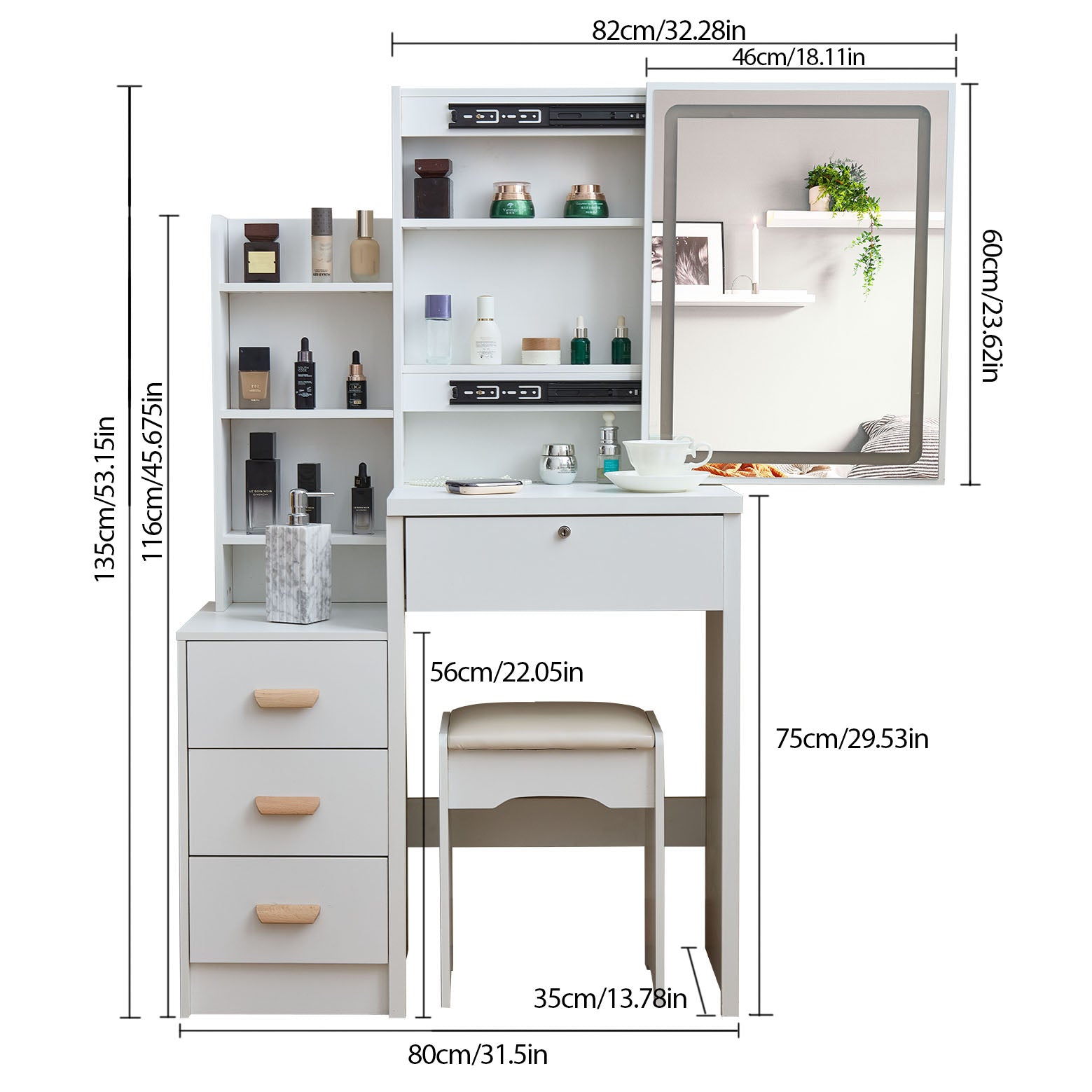 Modern-style white vanity set includes LED-lit mirror, bedroom makeup table with storage and cushioned stool; suitable for teens and adults home dressing rooms/bedrooms image 4