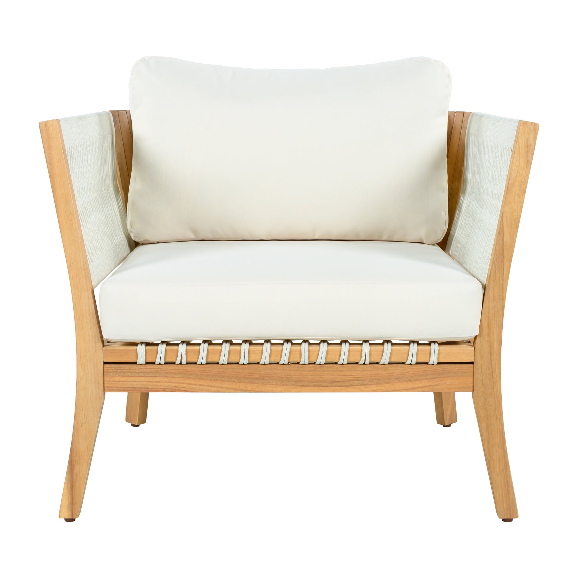 30.3" Outdoor Acacia Wood Patio Chair with Woven Rope Accents, Weather-Resistant Single Lounge Chair with Thick Cushions, Modern Accent Chair for Backyard, Deck, Poolside image 7