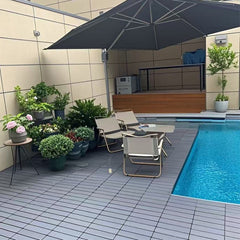 Plastic interlocking decking tiles, 44 packs of terrace decking tiles, 12 inches x 12 inches waterproof for all-weather use, backyard pool decking tiles, dark gray