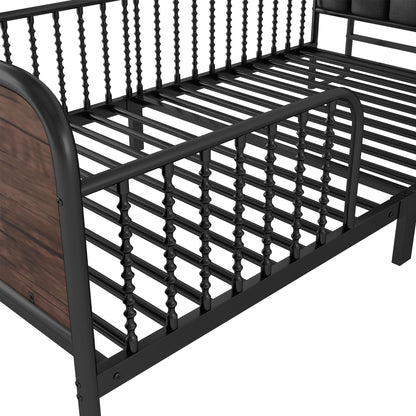 Twin Size Metal Platform Bed Frame with Light, Kids Twin Metal Bed with Upholstered and Pull Out Storage Shelves, Black (Expect Arrival Date 2025/10/5) image 11
