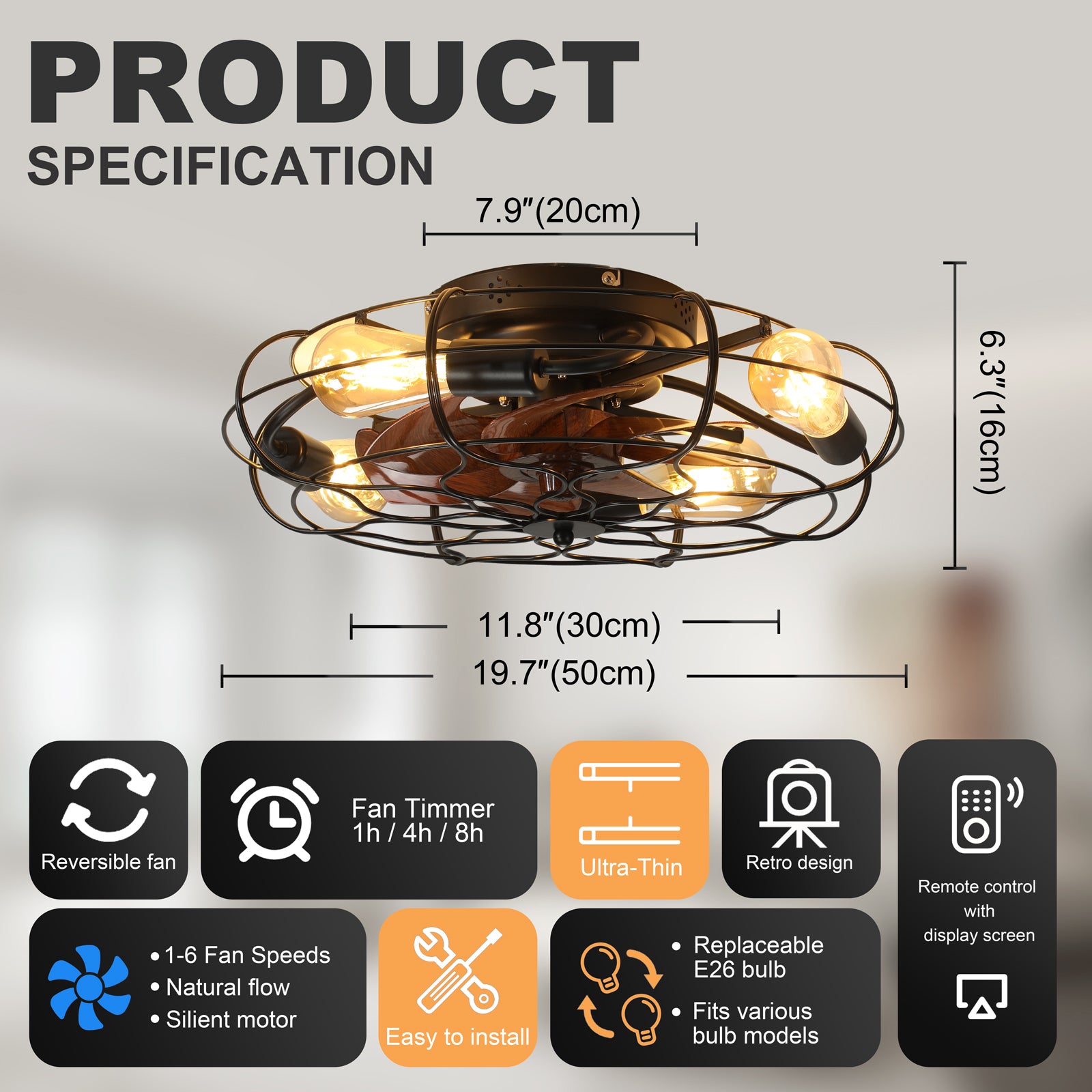 19.7" Industrial Caged Ceiling Fan with Light, 6-Speed Reversible DC Motor, E26 Bulb Base, Remote Control, Timer, Low Noise <30dB, Farmhouse/Industrial Decor for Bedroom/Living Room Kitchen image 4