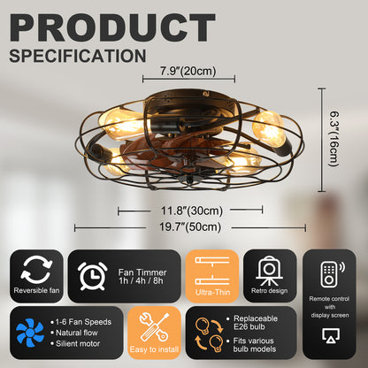19.7" Industrial Caged Ceiling Fan with Light, 6-Speed Reversible DC Motor, E26 Bulb Base, Remote Control, Timer, Low Noise <30dB, Farmhouse/Industrial Decor for Bedroom/Living Room Kitchen image 4