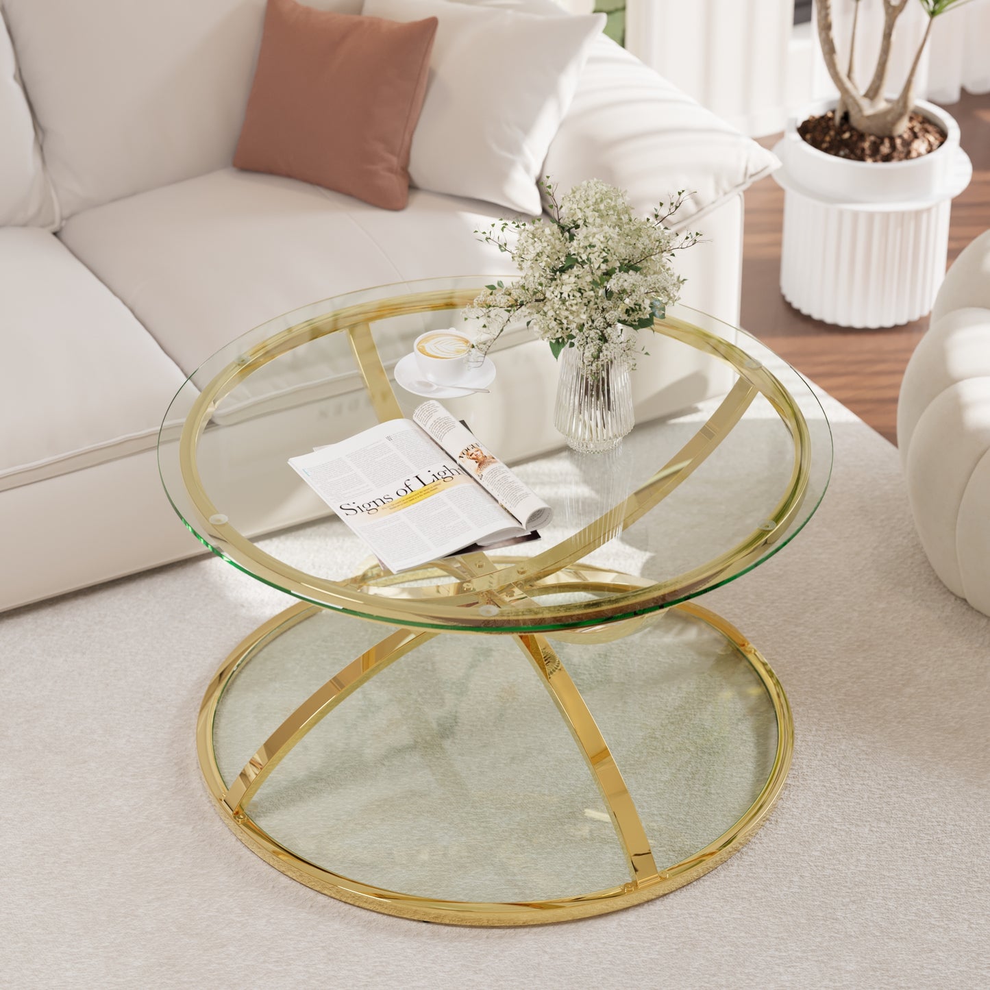 31.50'' Modern Glass Coffee Table with 2 Tiers, Ring-Shaped Frames, Metal Frame and Clear Tempered Glass, Round Coffee Table for Living Room, Bedroom and Office, Gold image 2