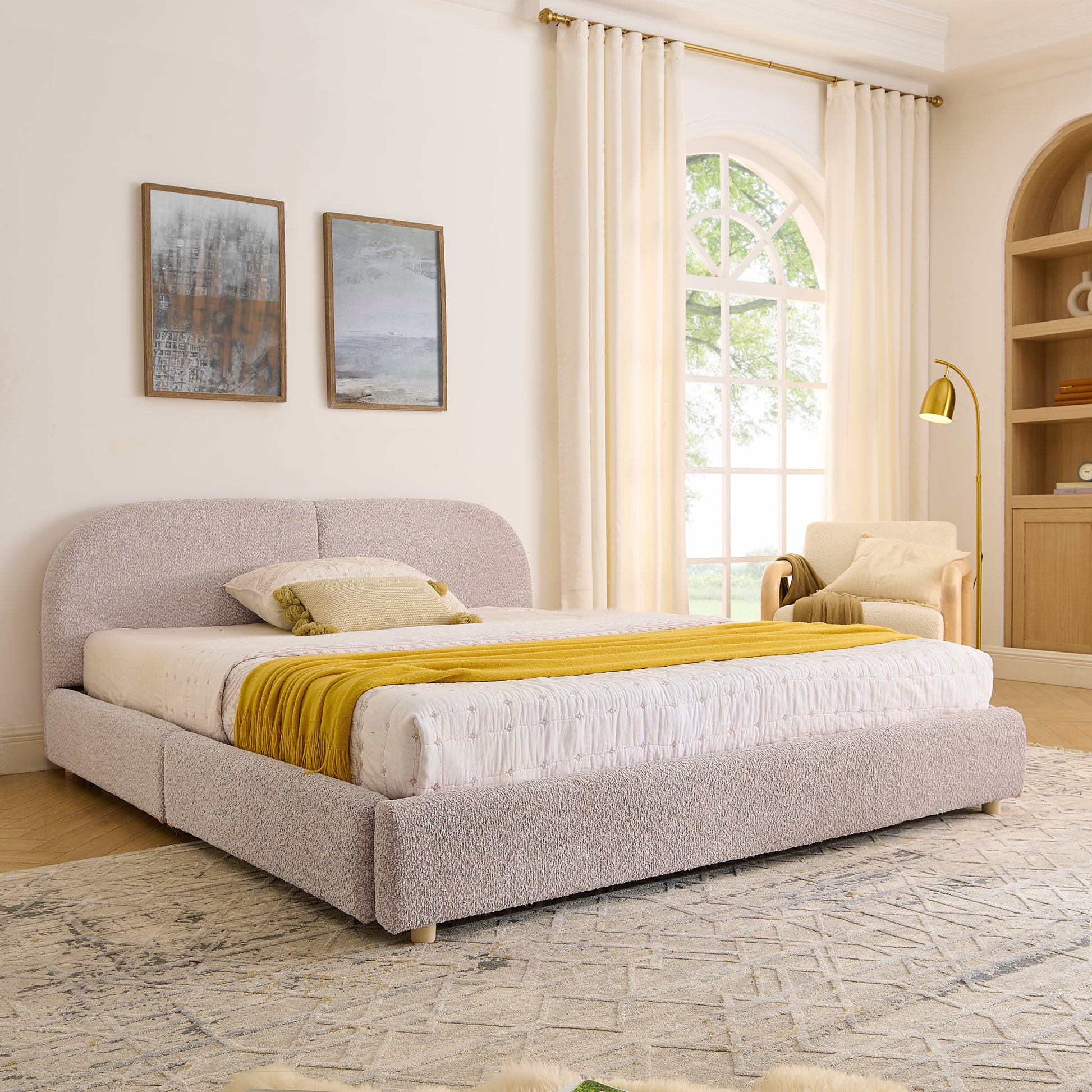 Queen Size Upholstered Bed Frame Modern Minimalist Style - Circle Yarn Fabric, Tall Curved Headboard, Sturdy Leg Support & Wheeled Drawer Storage, Mattress Not Included -Pink image 2