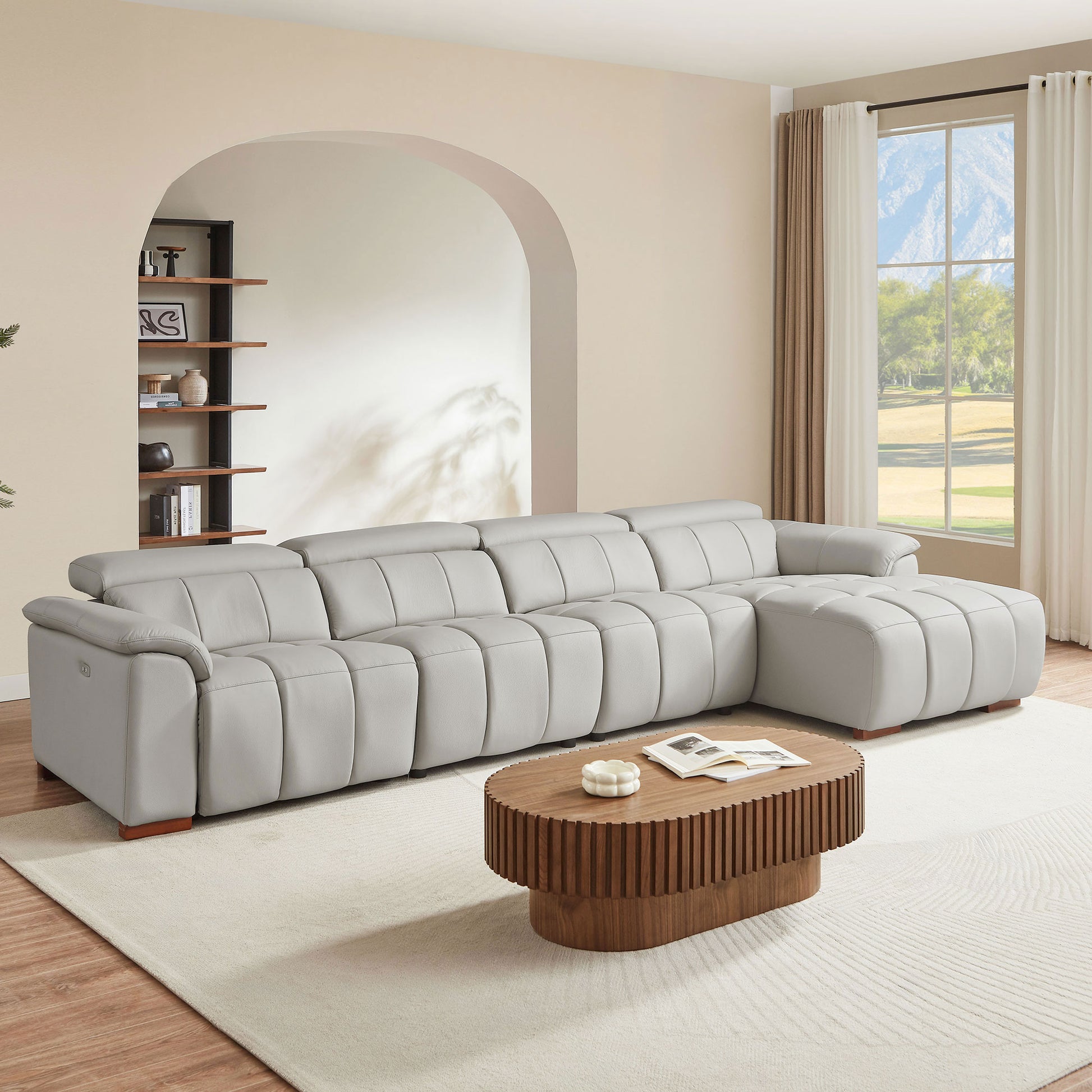 4 Seats Wall-Hugger Reclining Sofa Modern Electric Control Genuine Leather L Shaped Couch,Lounge Seat Theater Seating Furniture with USB Port, Sofa with Headrest & Footrest for Living Room,Apartment image 3