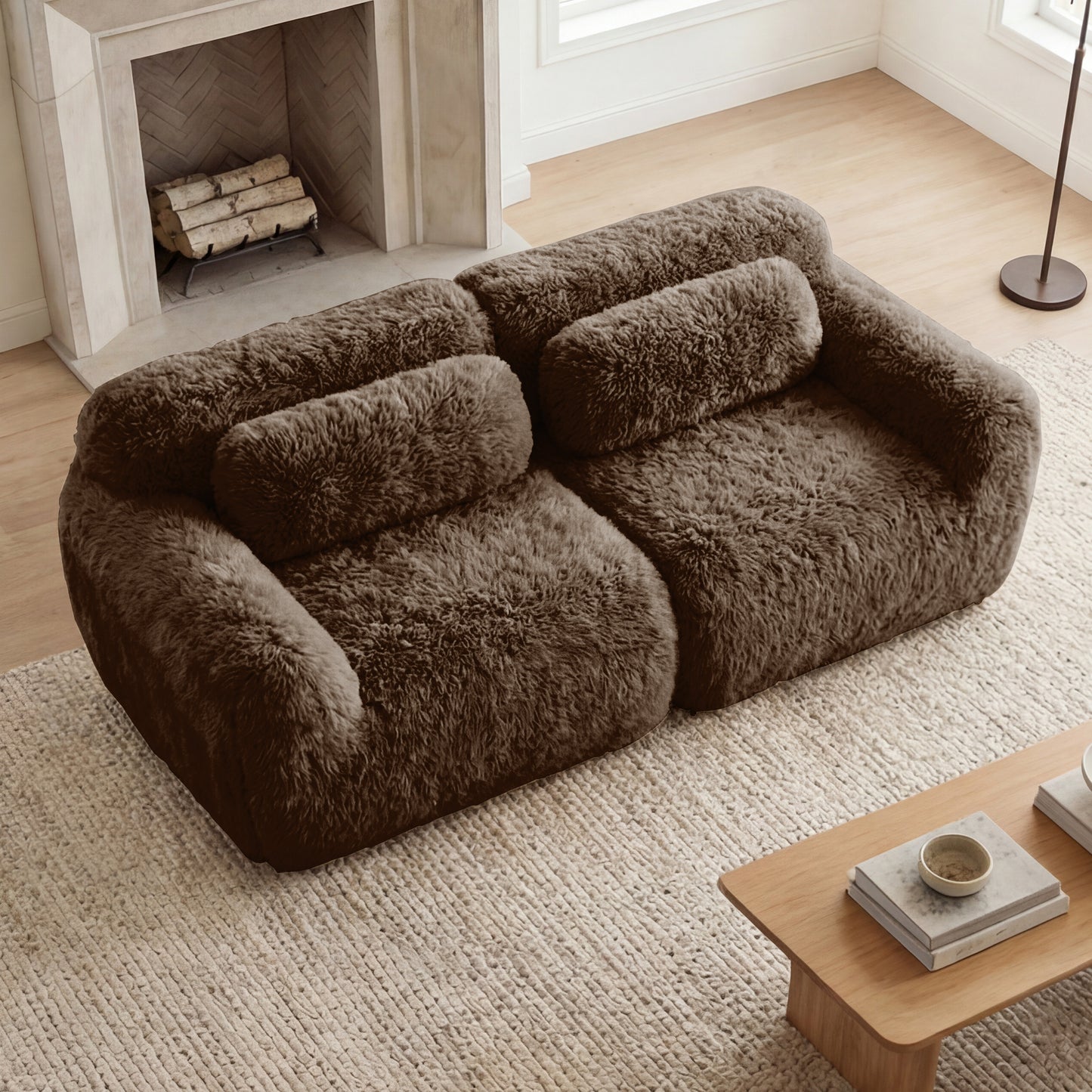 2-seater Modular Sectional Sofa Couches,Soft Fluffy Plush Fabric Bottom Anti-Slip Design,32D High Density Sponge,No Assembly Required Ergonomic Design,With Throw Pillows Fits Living Rooms,Chocolate image 2
