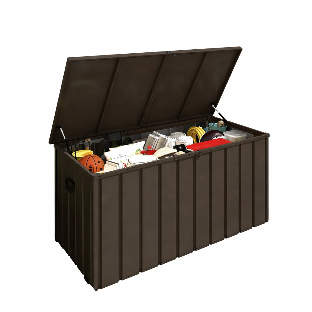 200 Gallon Metal Deck Box, Waterproof Outdoor Storage Box with Lockable Lid, Large Pool Storage Cabinet for Patio Furniture Garden Tools Pool-Supplies, Brown image 1
