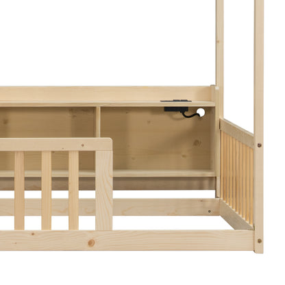 Twin House Floor Bed with Storage Shelves,Built-in LED Lights & Charging Station,Pine Wood Floor Bed with Safety Guardrails,Natural image 7