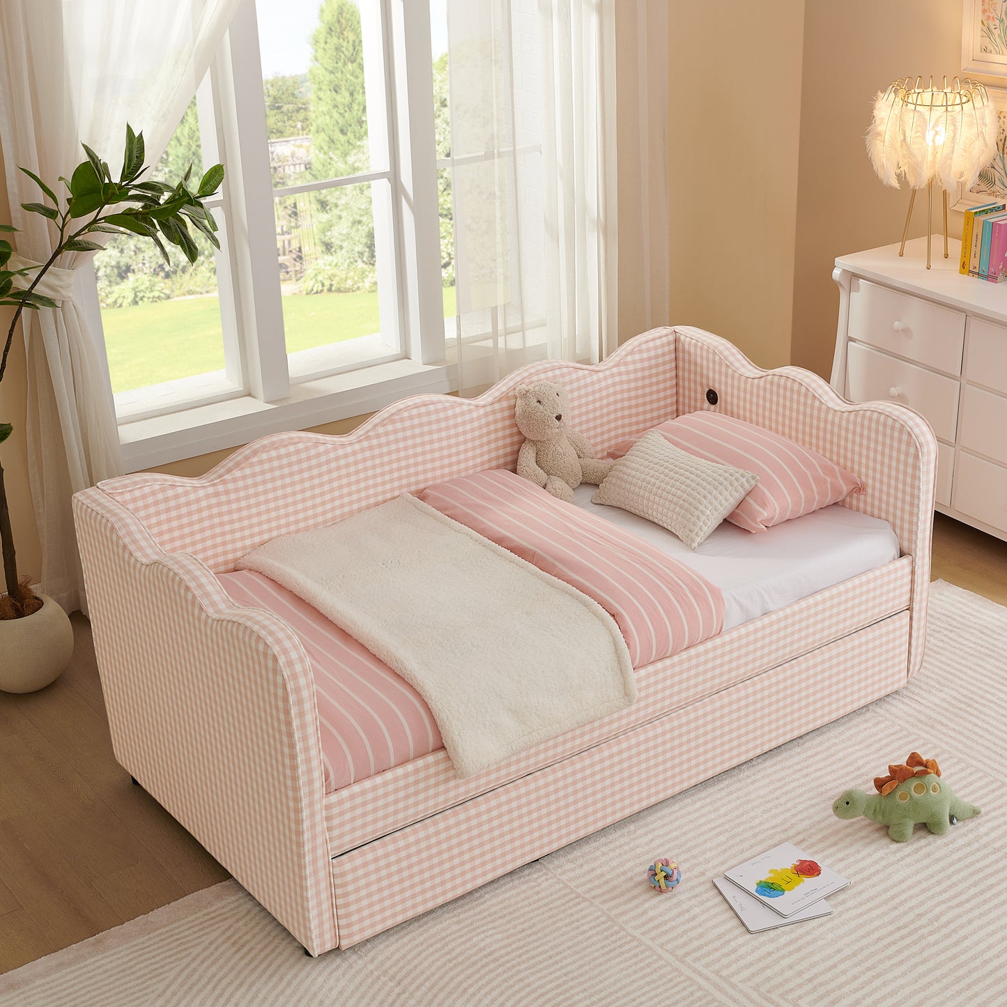 Cozy Gingham Daybed with Trundle Twin Size Sofa Bed No Box Spring Needed, with USB Port and Adorable Wave Shaped, Linen Fabric, Pink image 6