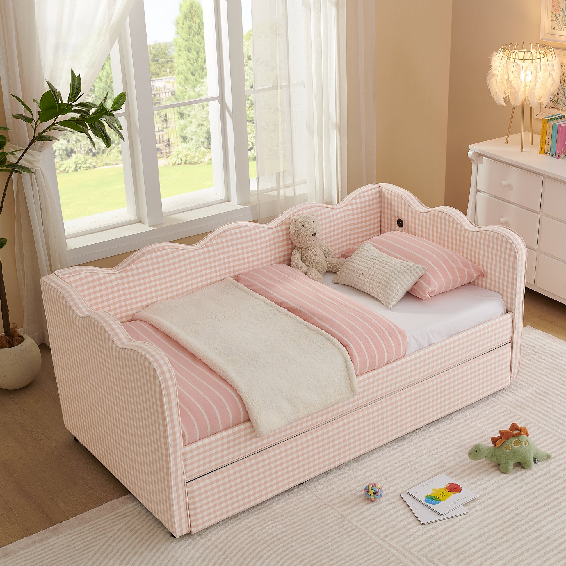 Cozy Gingham Daybed with Trundle Twin Size Sofa Bed No Box Spring Needed, with USB Port and Adorable Wave Shaped, Linen Fabric, Pink image 6