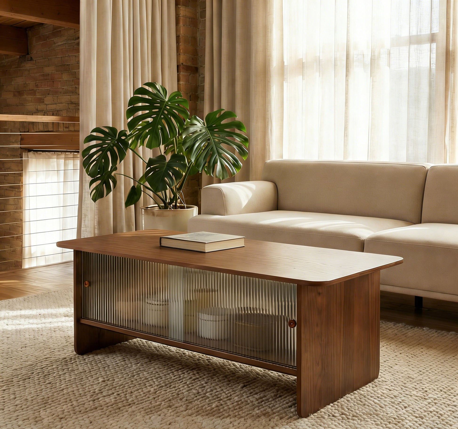 47" Coffee Table With Storage, Rectangular Mid-Century Retro Center Table, Fluted Glass Sliding Doors For Living Room Bedroom Guest Room, Walnut. image 5